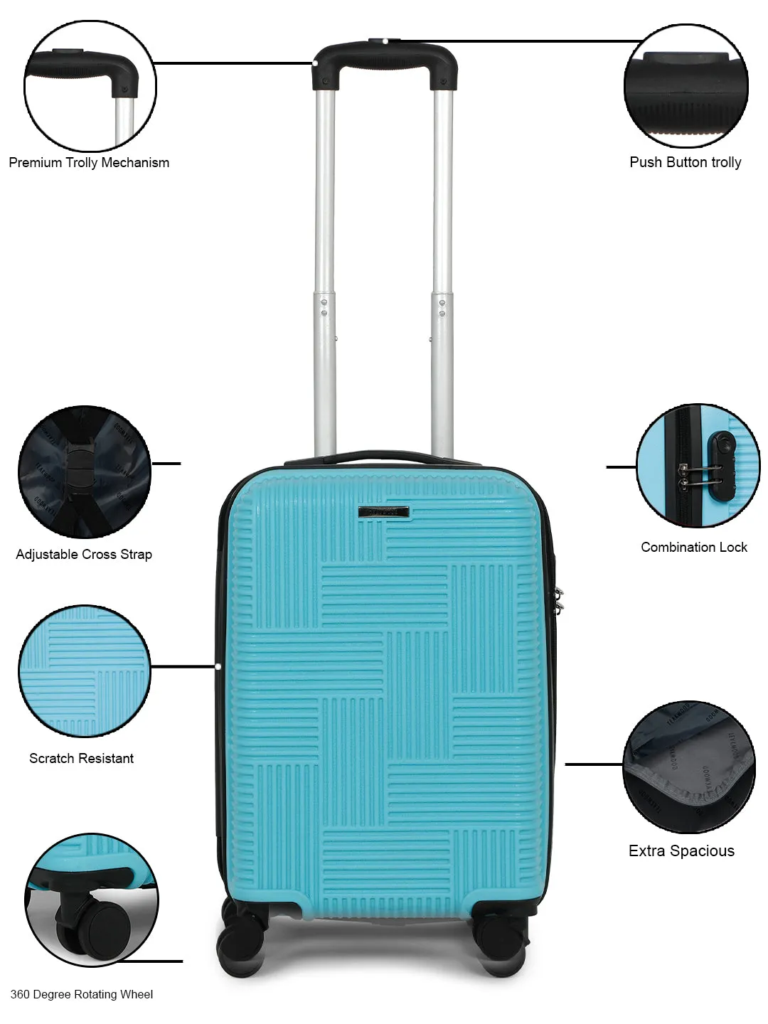 ANDAMAN SKY BLUE Textured Zigzag Stripline Unisex Check-in Hardside Cabin Trolley Bag