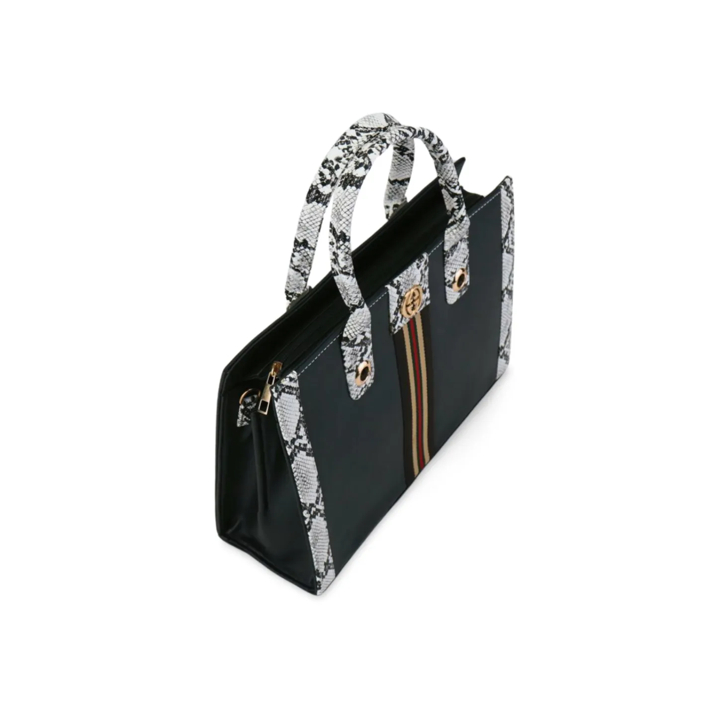 Black Snakeskin Print Tote Bag with Striped Strap