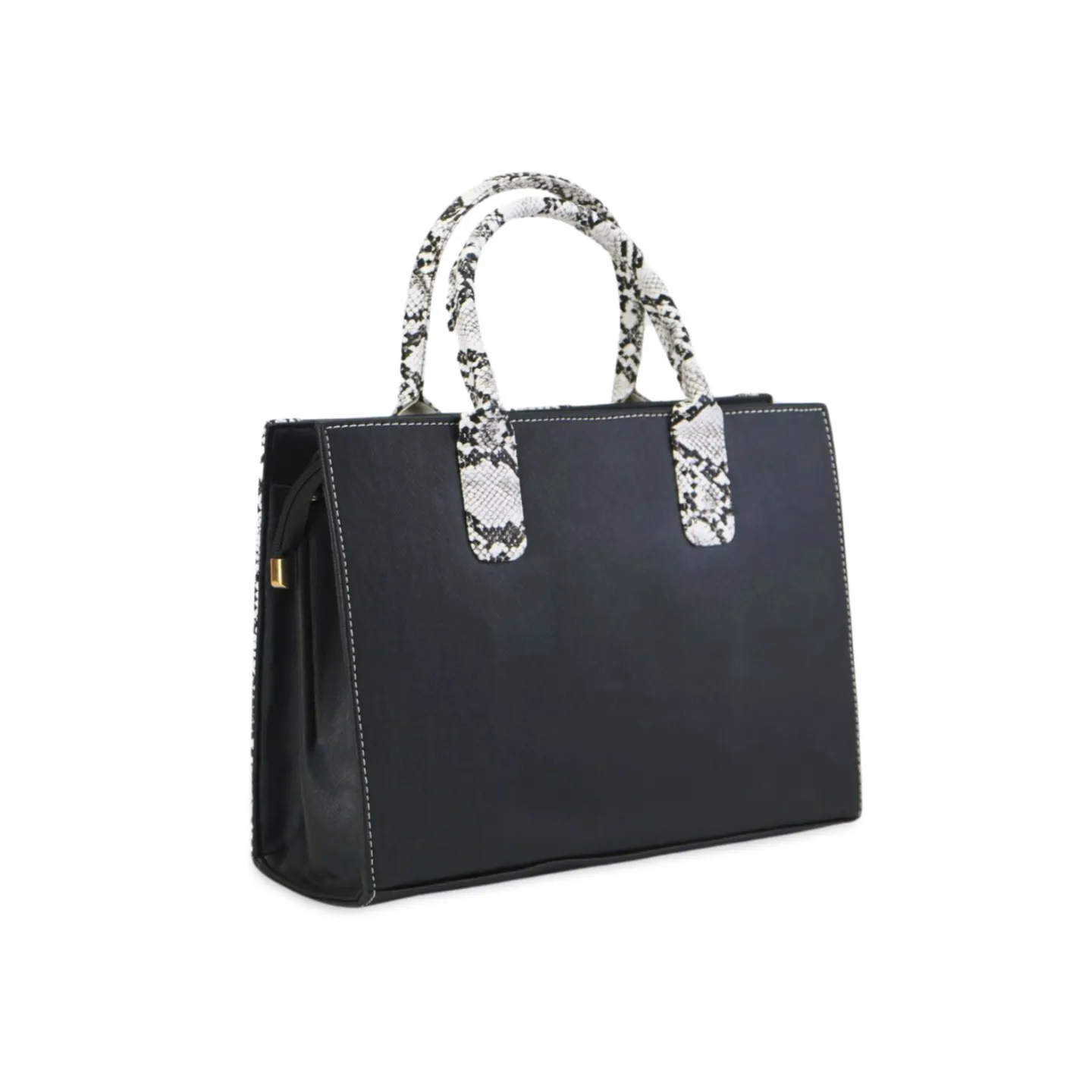 Black Snakeskin Print Tote Bag with Striped Strap