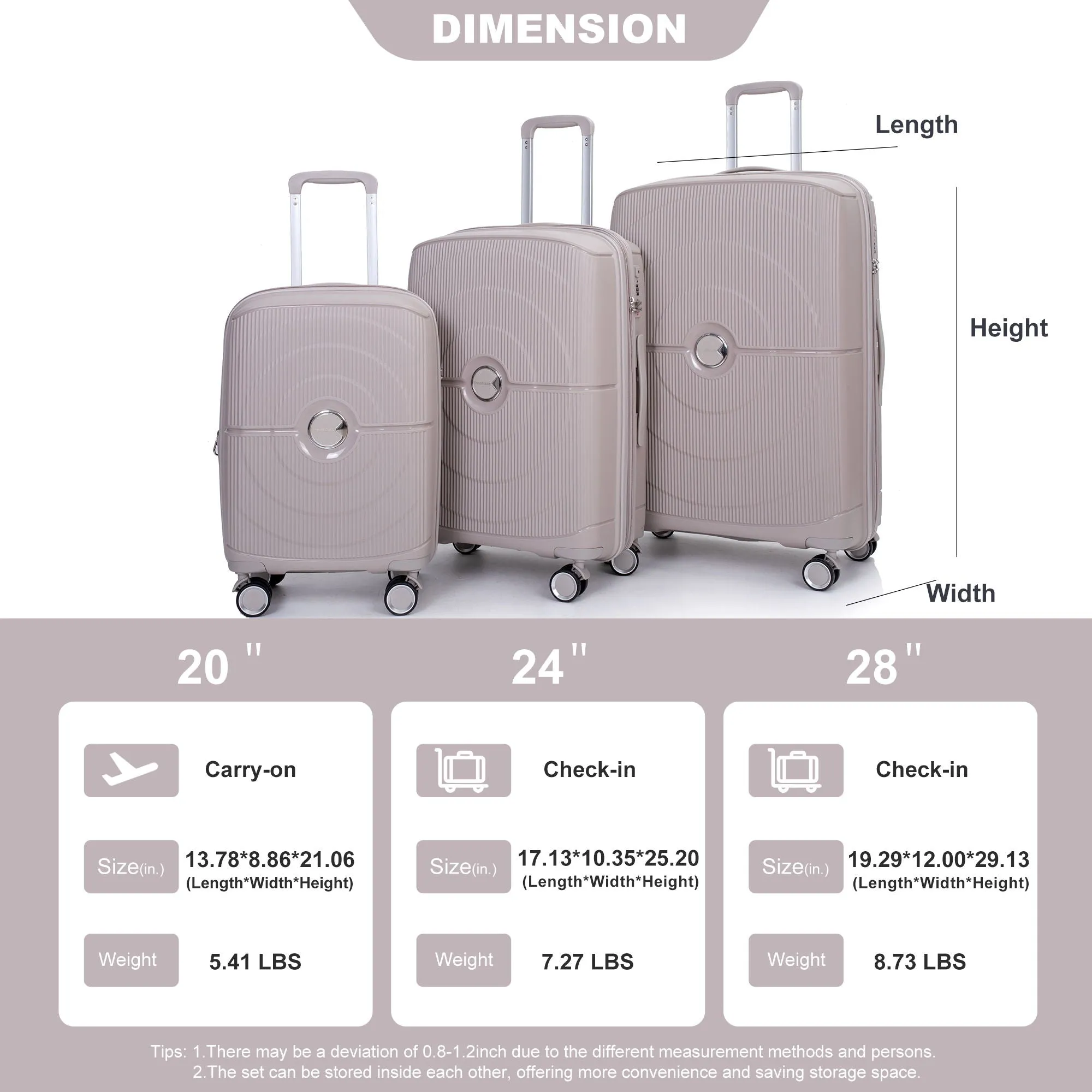 Expandable Hardshell Suitcase Double Spinner Wheels Pp Luggage Sets Lightweight Durable Suitcase With Tsa Lock, 3 Piece Set - Griege