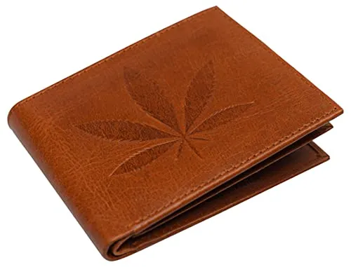 Genuine Leather Men's Marijuana Leaf Logo RFID Blocking Bifold Wallet