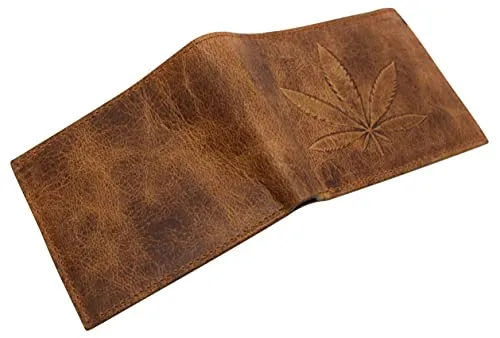 Genuine Leather Men's Marijuana Leaf Logo RFID Blocking Bifold Wallet