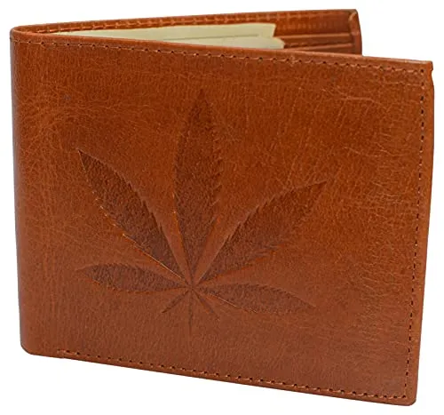 Genuine Leather Men's Marijuana Leaf Logo RFID Blocking Bifold Wallet