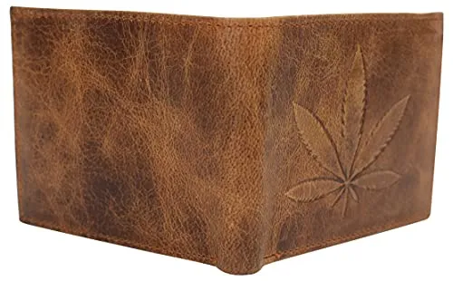 Genuine Leather Men's Marijuana Leaf Logo RFID Blocking Bifold Wallet