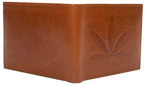 Genuine Leather Men's Marijuana Leaf Logo RFID Blocking Bifold Wallet