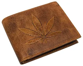 Genuine Leather Men's Marijuana Leaf Logo RFID Blocking Bifold Wallet