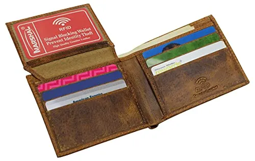 Genuine Leather Men's Marijuana Leaf Logo RFID Blocking Bifold Wallet