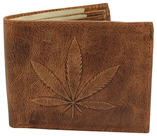 Genuine Leather Men's Marijuana Leaf Logo RFID Blocking Bifold Wallet