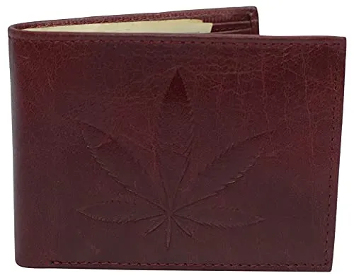 Genuine Leather Men's Marijuana Leaf Logo RFID Blocking Bifold Wallet