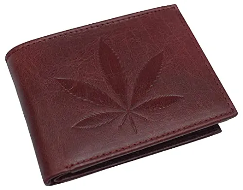 Genuine Leather Men's Marijuana Leaf Logo RFID Blocking Bifold Wallet