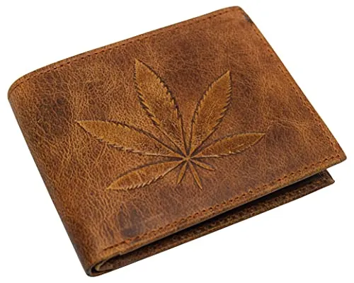 Genuine Leather Men's Marijuana Leaf Logo RFID Blocking Bifold Wallet