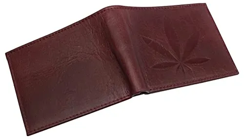 Genuine Leather Men's Marijuana Leaf Logo RFID Blocking Bifold Wallet