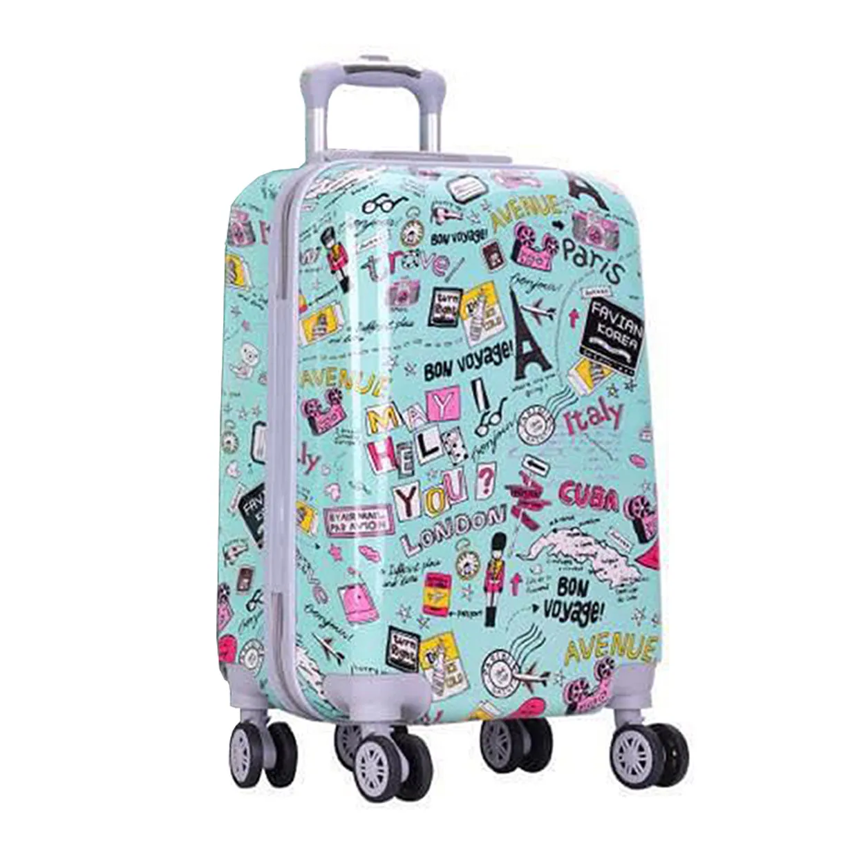 Green Paris Printed Spinner Wheel Luggage Bag | 4 Pcs Set 7, 20, 24 and 28 Inches