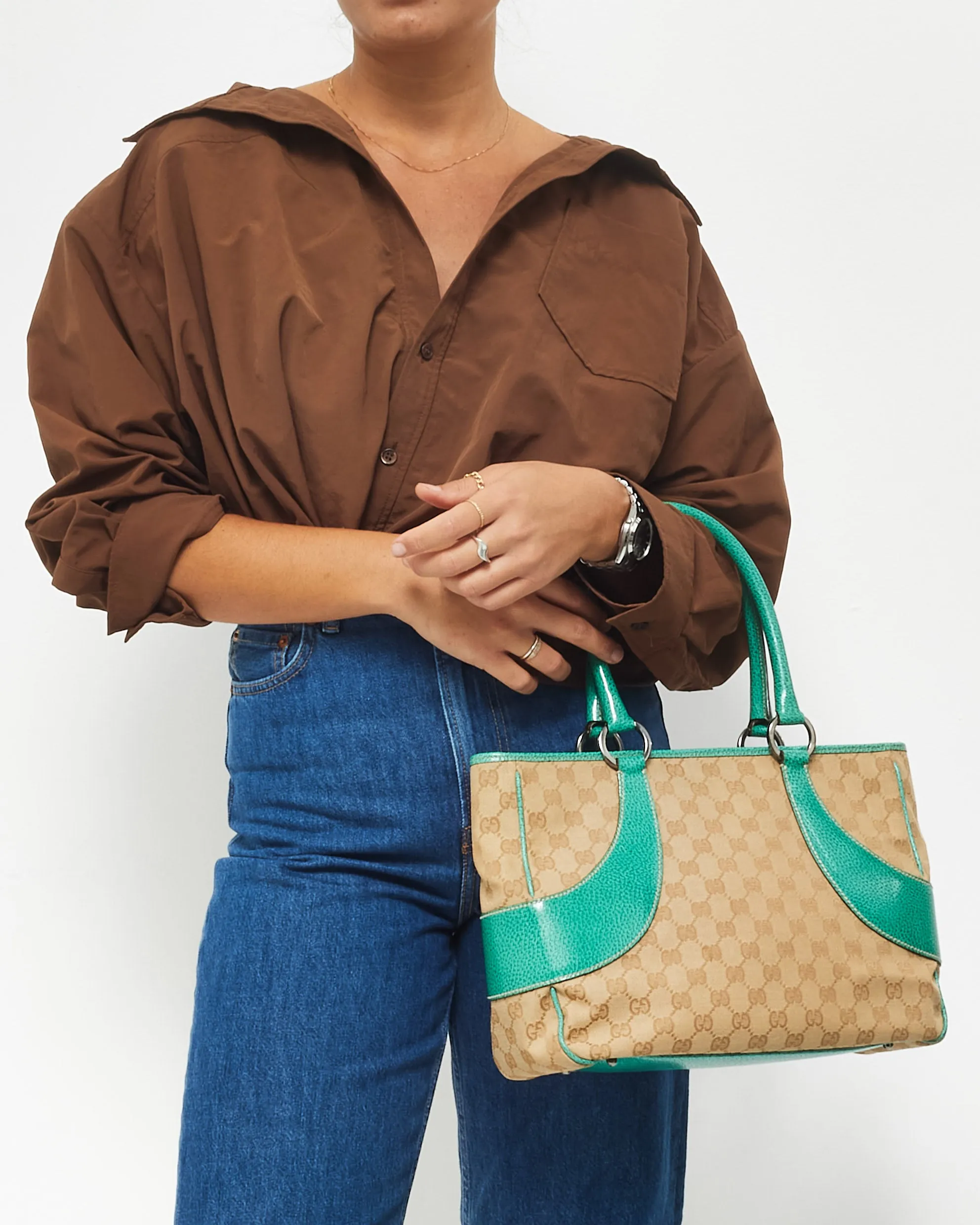 Gucci Vintage Monogram Canvas & Green Leather Shoulder Bag