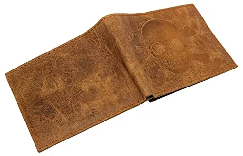 Marshal Skull Logo RFID Blocking Genuine Leather Bifold Wallet for Men