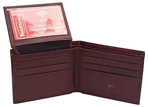 Marshal Skull Logo RFID Blocking Genuine Leather Bifold Wallet for Men
