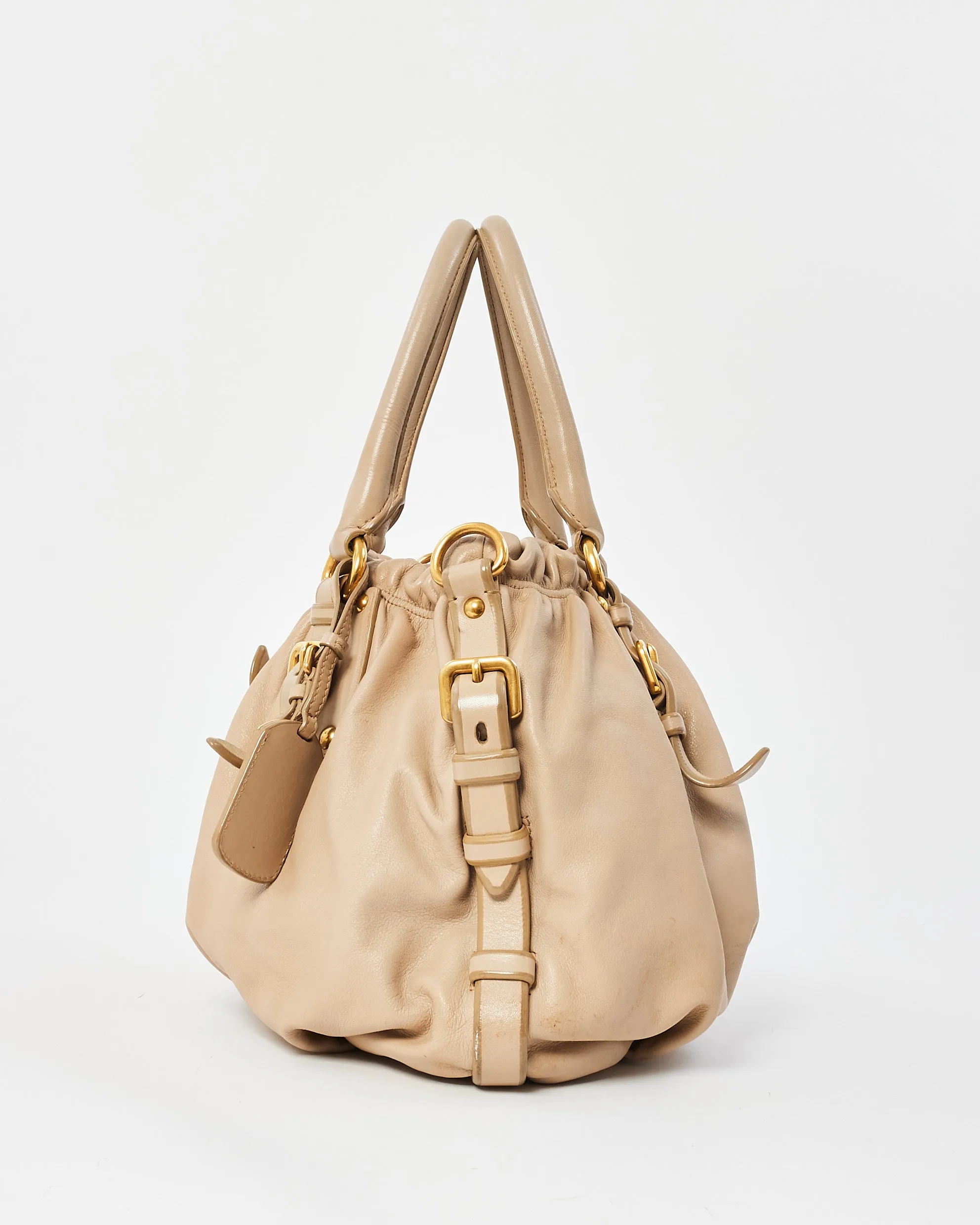 Prada Light Beige Soft Calfskin Napa Leather Convertible Belted Satchel Bag