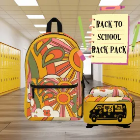 Retro 70's Groovy Back To School Backpack, Hippie, Sunburst, Yellow, Orange, Green, Stay Groovy Hipster Van School Essentials