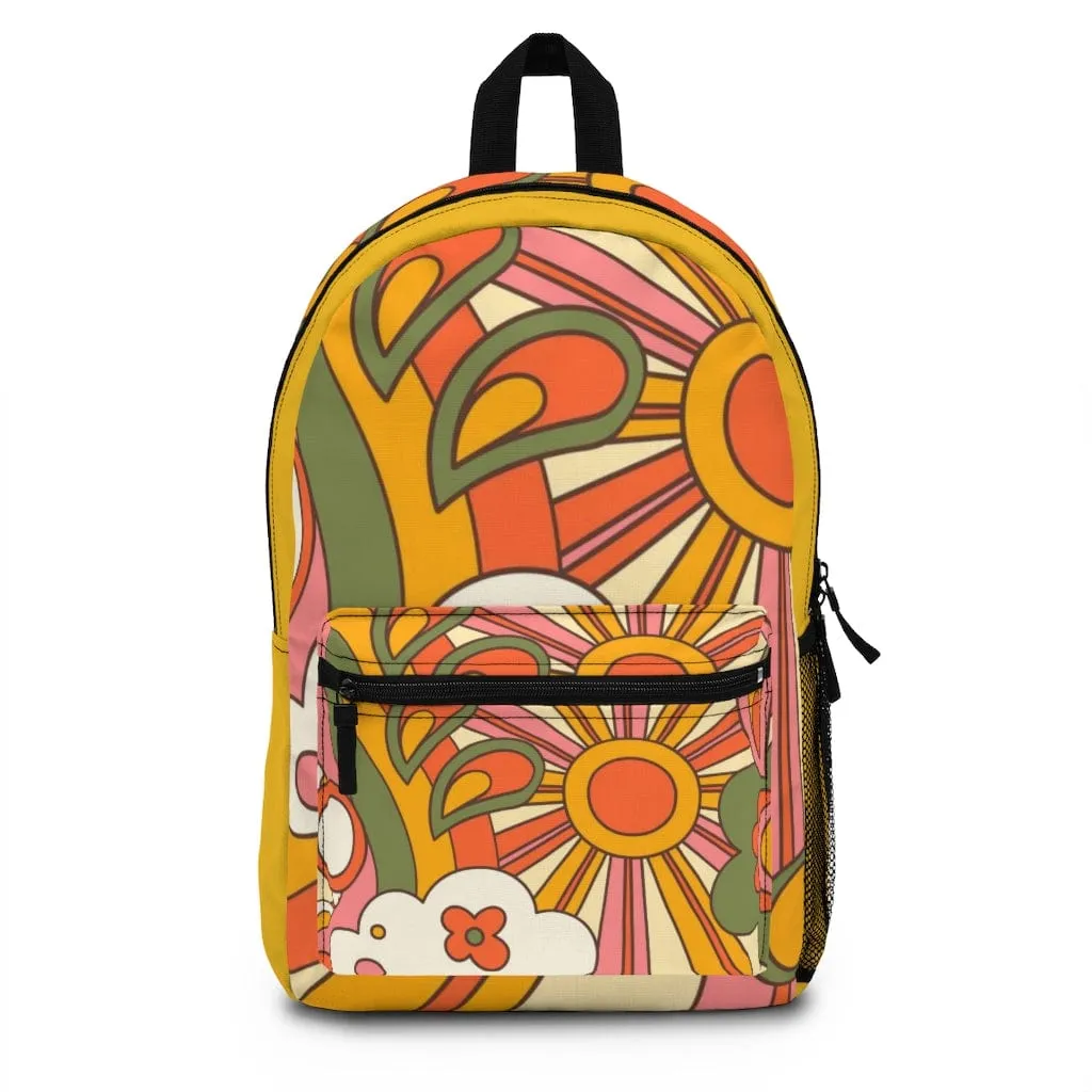 Retro 70's Groovy Back To School Backpack, Hippie, Sunburst, Yellow, Orange, Green, Stay Groovy Hipster Van School Essentials