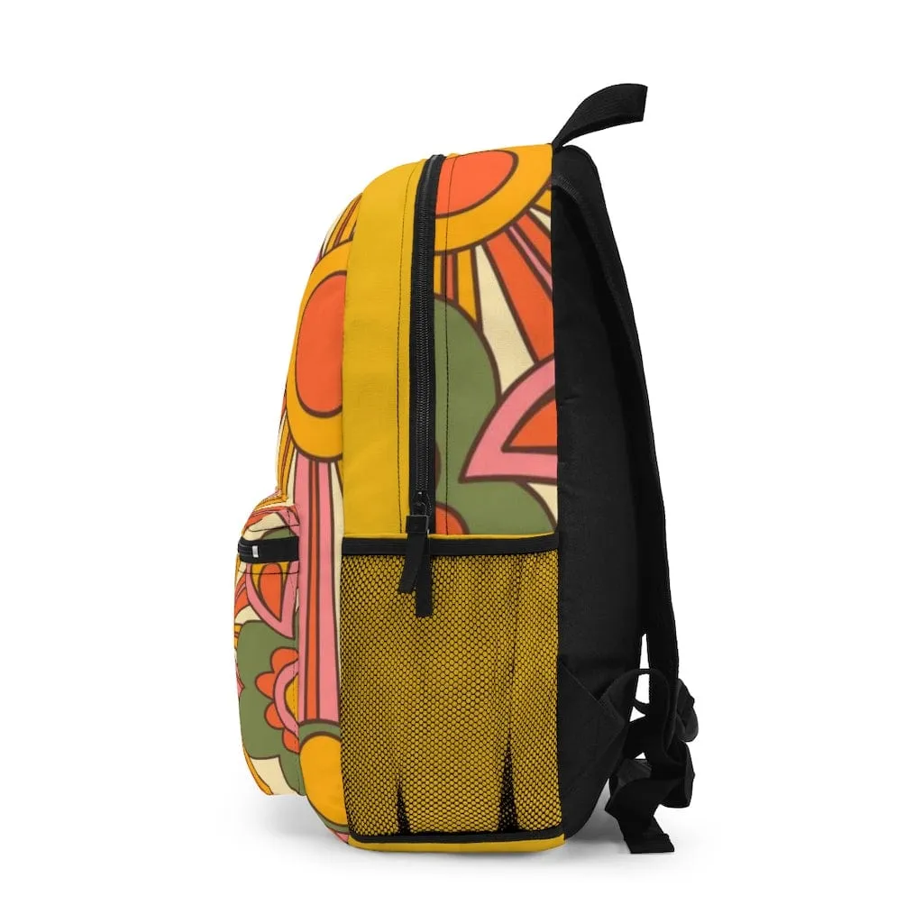 Retro 70's Groovy Back To School Backpack, Hippie, Sunburst, Yellow, Orange, Green, Stay Groovy Hipster Van School Essentials