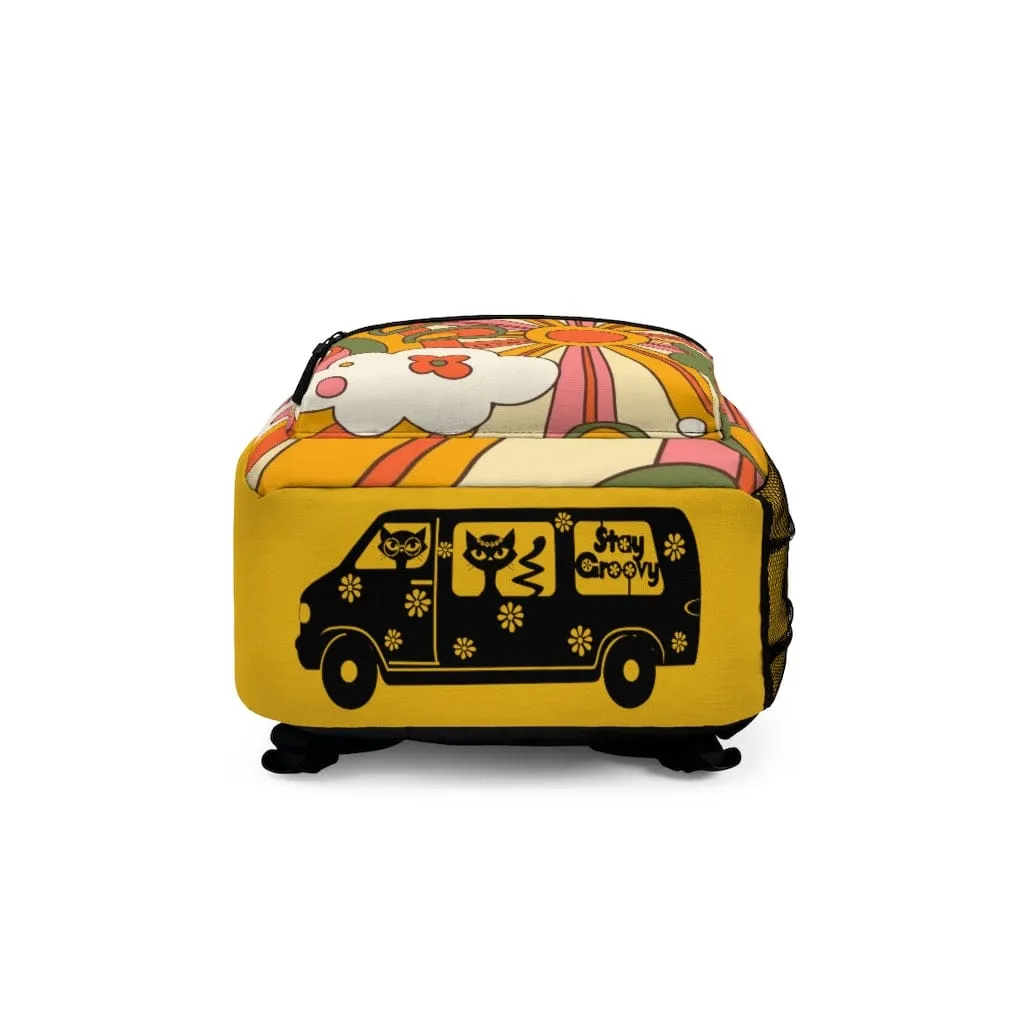 Retro 70's Groovy Back To School Backpack, Hippie, Sunburst, Yellow, Orange, Green, Stay Groovy Hipster Van School Essentials