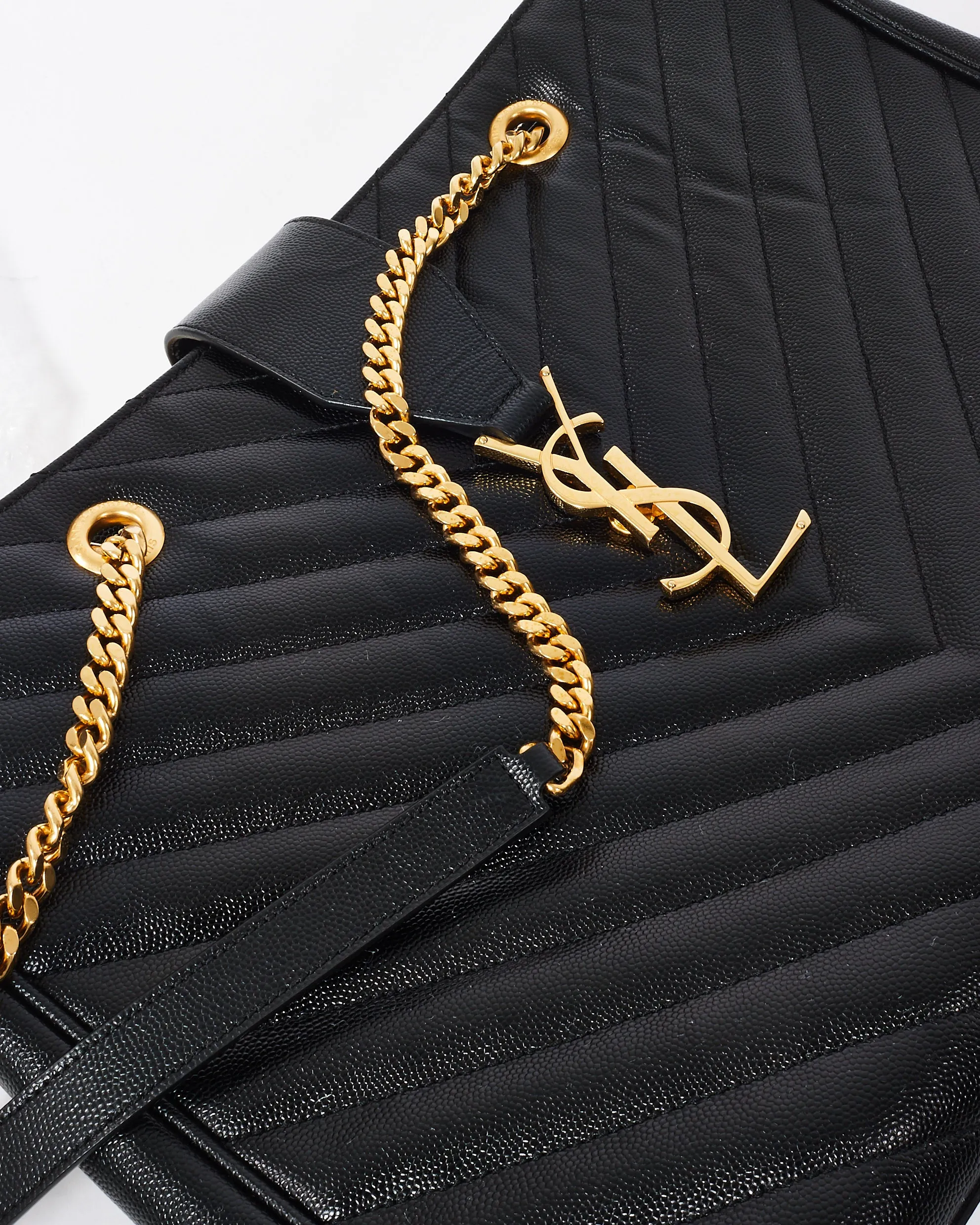Saint Laurent Black Grain De Poudre Leather Matelasse Shopping Tote Bag