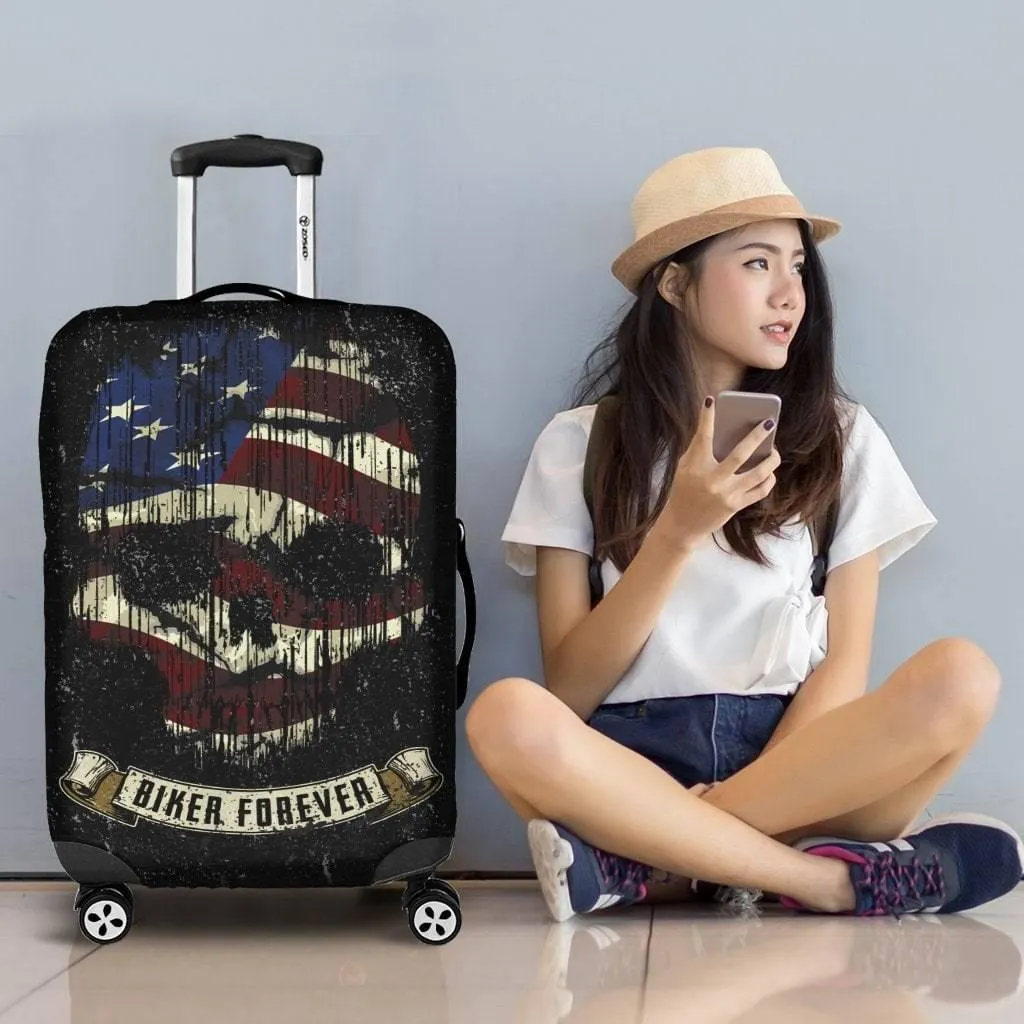 Shredded Skull American Flag Luggage Cover, Polyester/Spandex, Black/White/Red