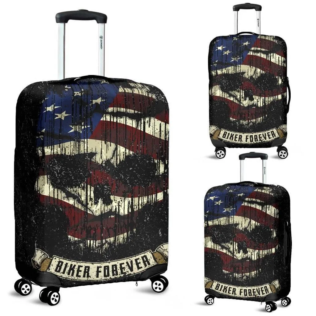 Shredded Skull American Flag Luggage Cover, Polyester/Spandex, Black/White/Red