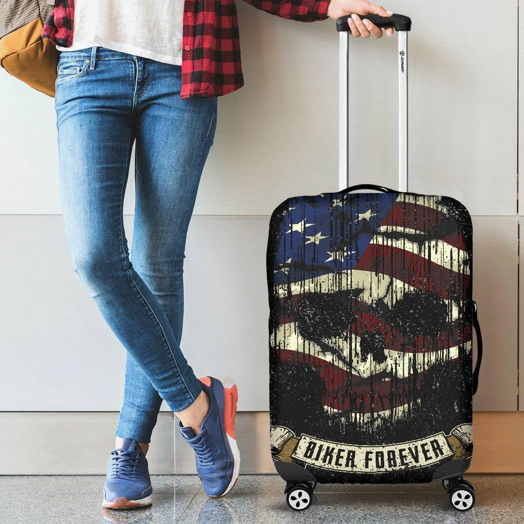 Shredded Skull American Flag Luggage Cover, Polyester/Spandex, Black/White/Red