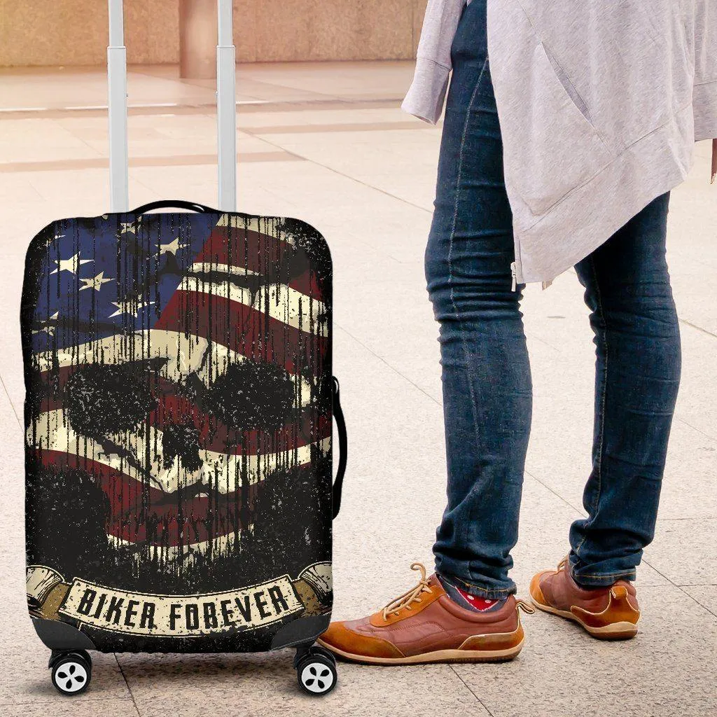 Shredded Skull American Flag Luggage Cover, Polyester/Spandex, Black/White/Red