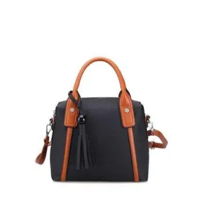 Textured Leather Tassels Color Spliced Tote Bag - Black