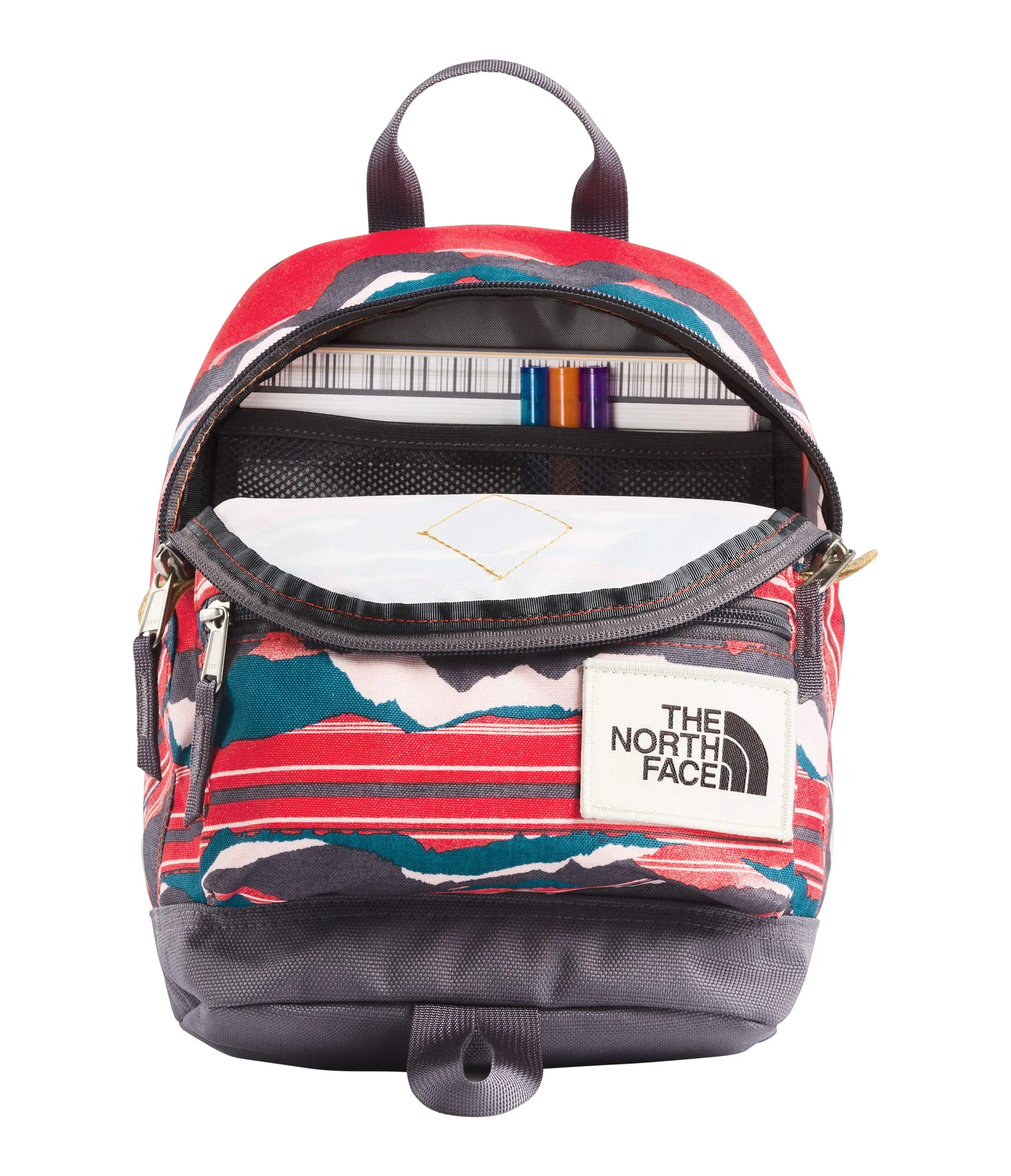 The North Face Mini Berkeley Backpack, Juicy Red Landscape Stripe Print/Rabbit Grey