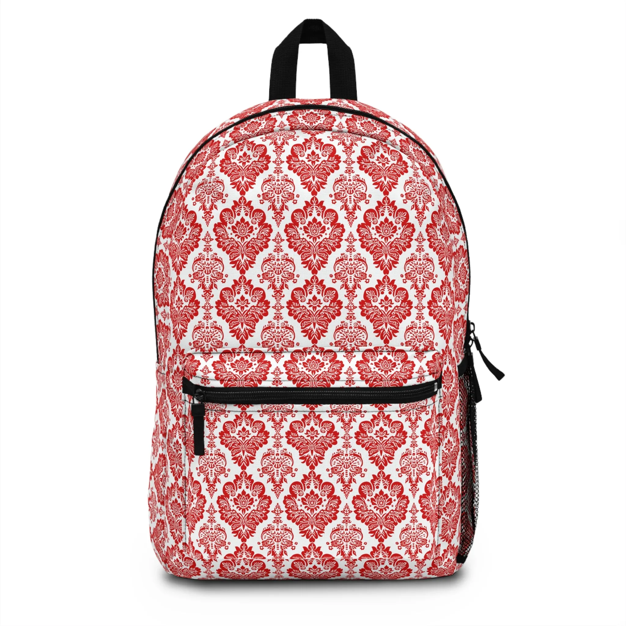 Vintage Elegance of Bold Red and White Floral Damask Pattern Lightweight Stylish Durable Backpack (Made in USA)
