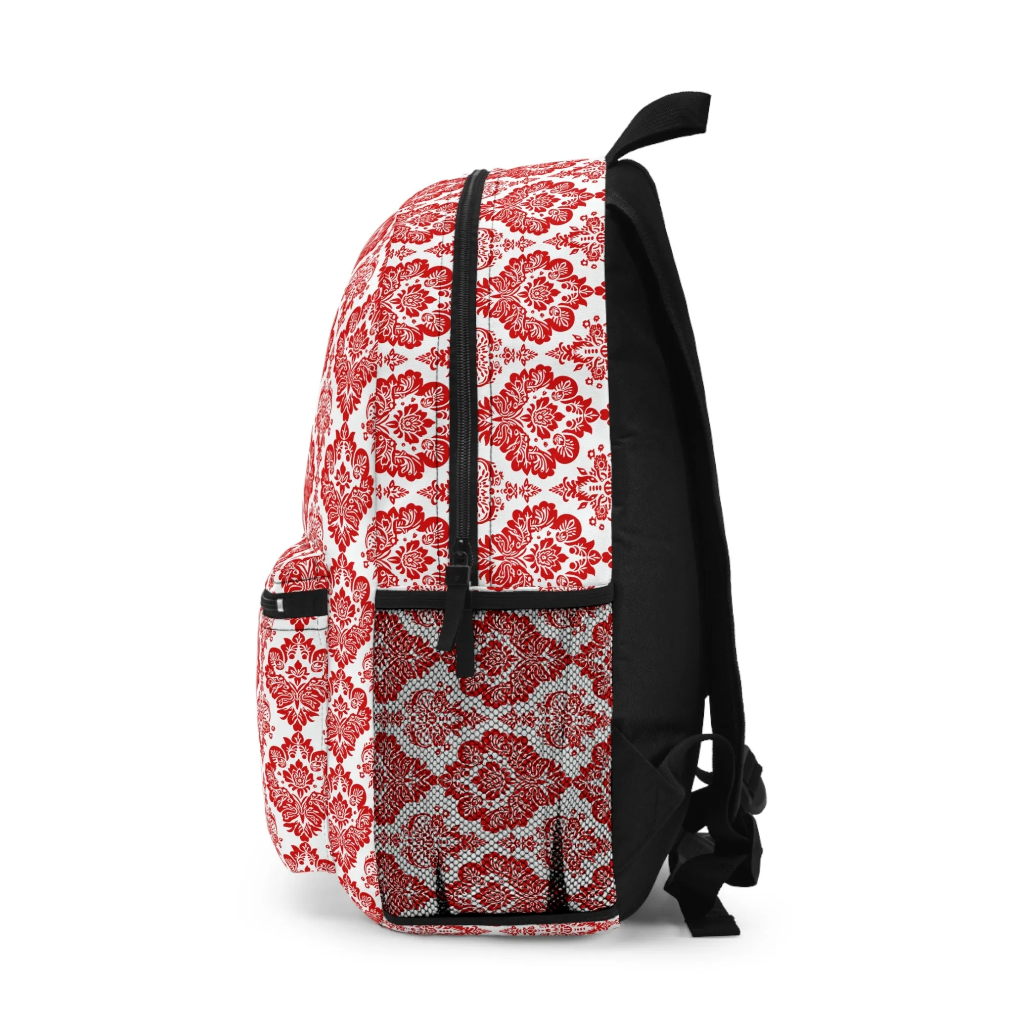 Vintage Elegance of Bold Red and White Floral Damask Pattern Lightweight Stylish Durable Backpack (Made in USA)