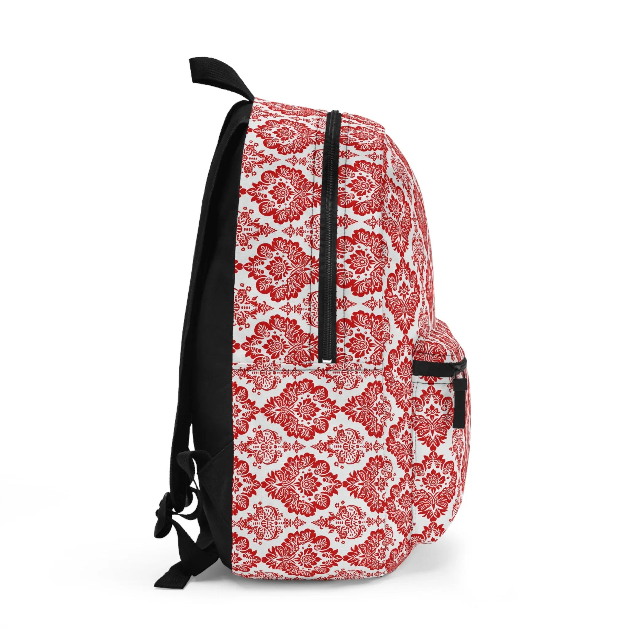 Vintage Elegance of Bold Red and White Floral Damask Pattern Lightweight Stylish Durable Backpack (Made in USA)