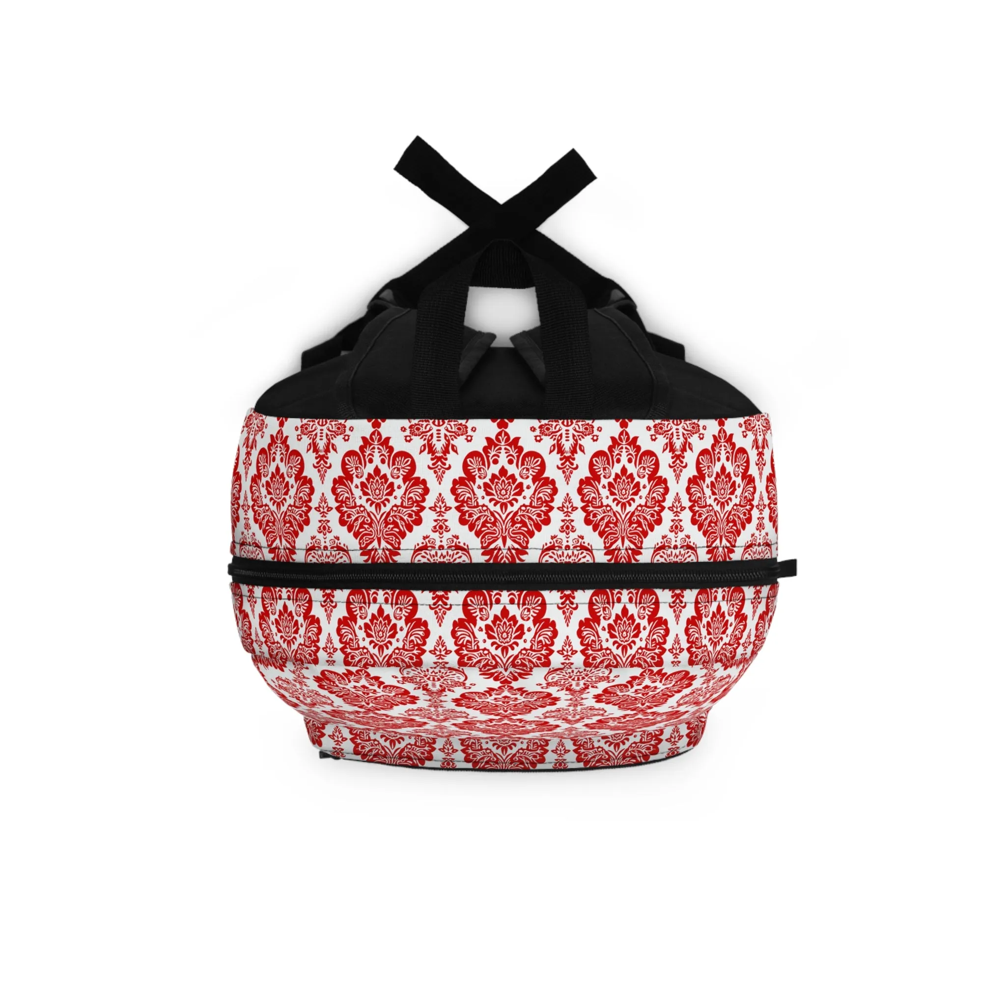 Vintage Elegance of Bold Red and White Floral Damask Pattern Lightweight Stylish Durable Backpack (Made in USA)