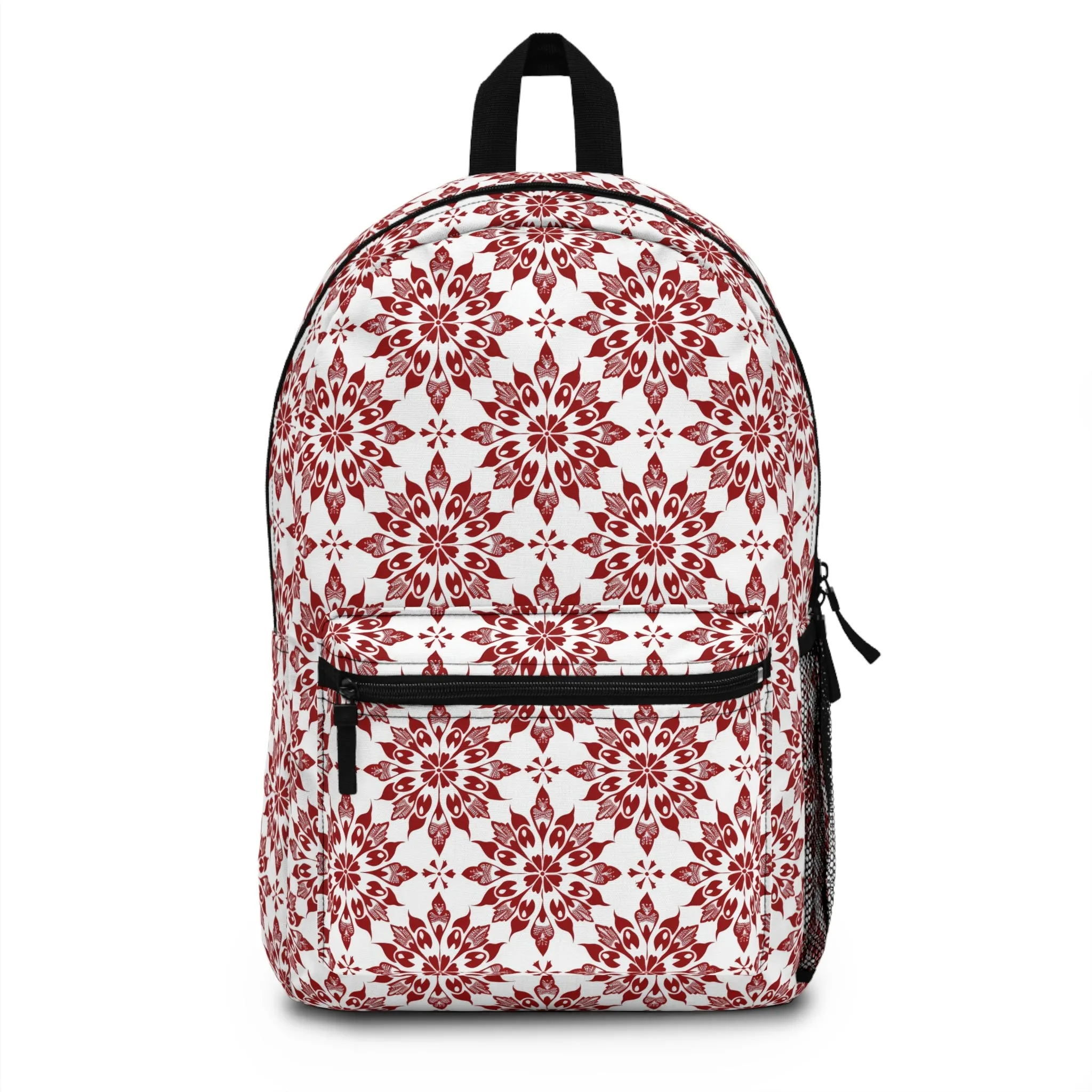 Vintage Radiance Ornate Red and White Floral Burst Pattern Lightweight Stylish Durable Backpack (Made in USA)