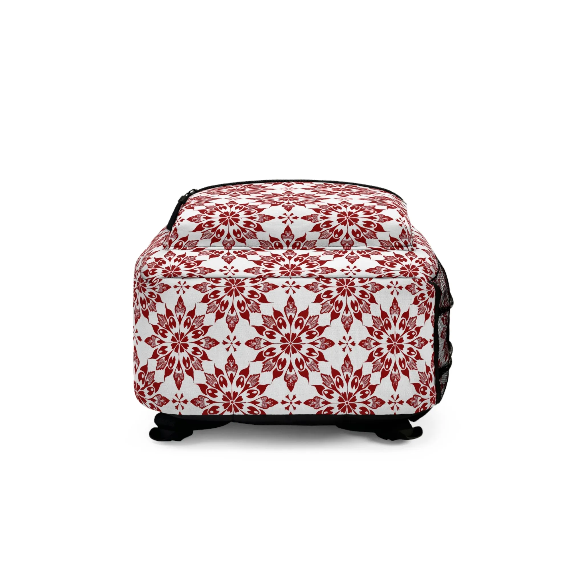Vintage Radiance Ornate Red and White Floral Burst Pattern Lightweight Stylish Durable Backpack (Made in USA)