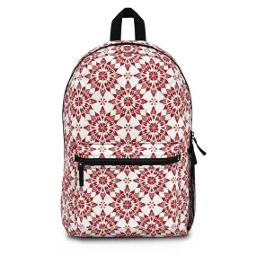 Vintage Radiance Ornate Red and White Floral Burst Pattern Lightweight Stylish Durable Backpack (Made in USA)