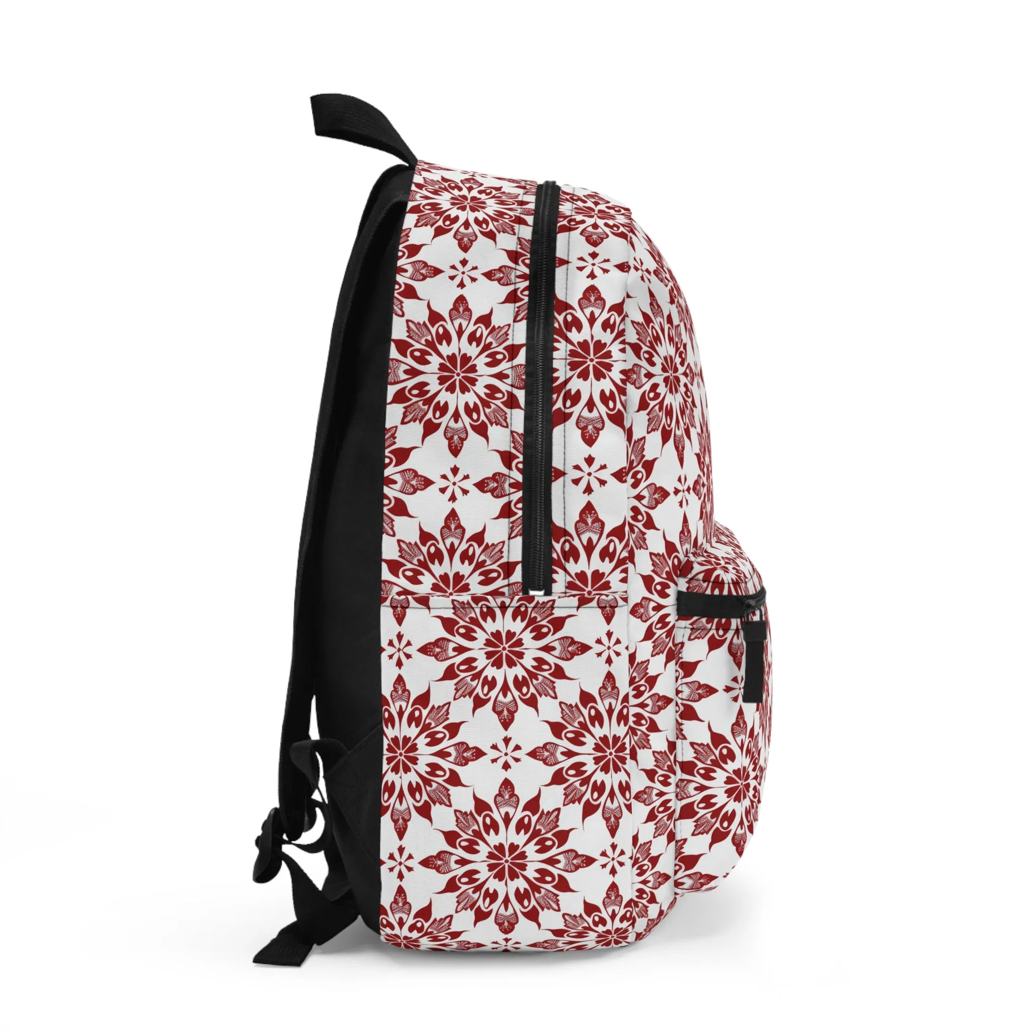 Vintage Radiance Ornate Red and White Floral Burst Pattern Lightweight Stylish Durable Backpack (Made in USA)