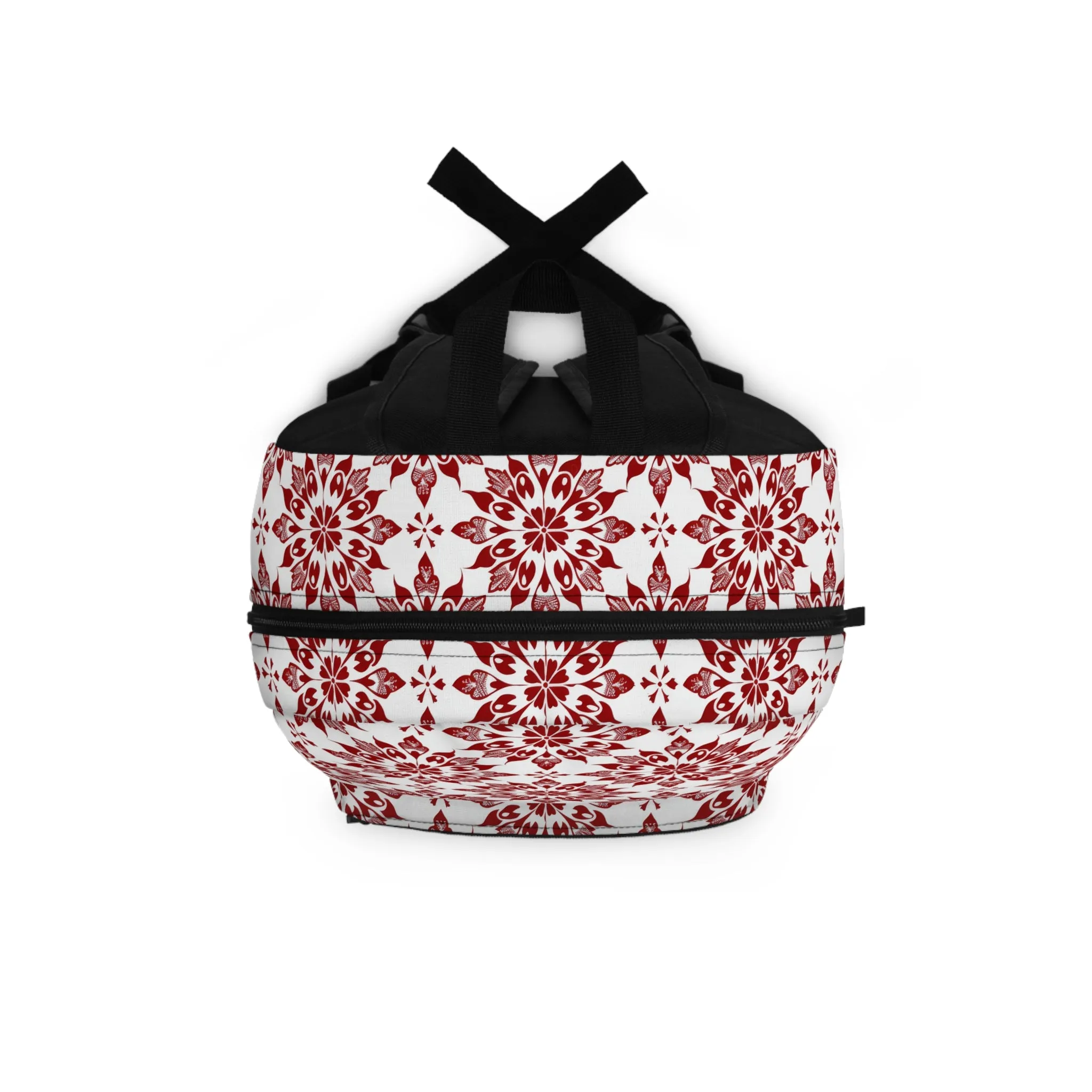 Vintage Radiance Ornate Red and White Floral Burst Pattern Lightweight Stylish Durable Backpack (Made in USA)