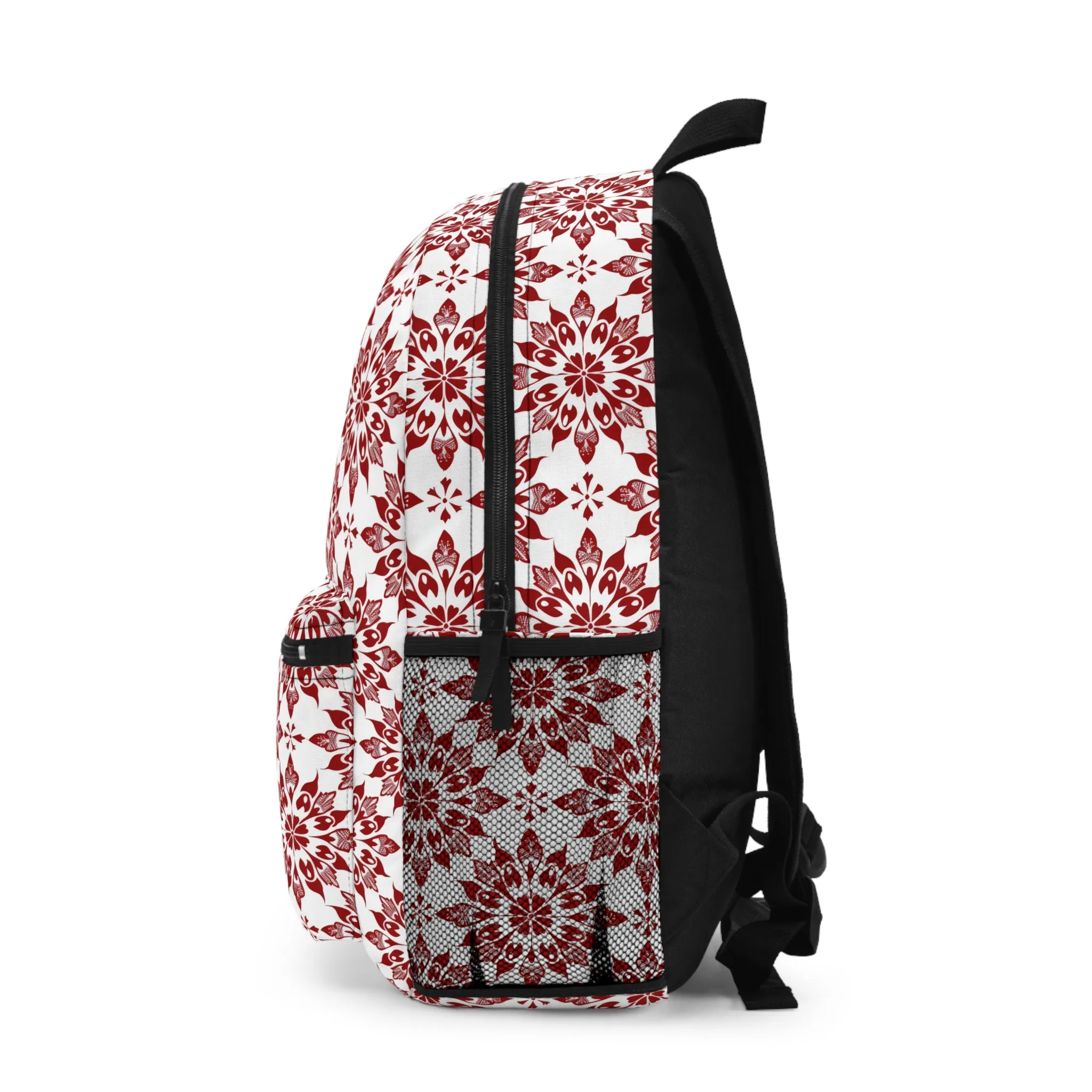 Vintage Radiance Ornate Red and White Floral Burst Pattern Lightweight Stylish Durable Backpack (Made in USA)