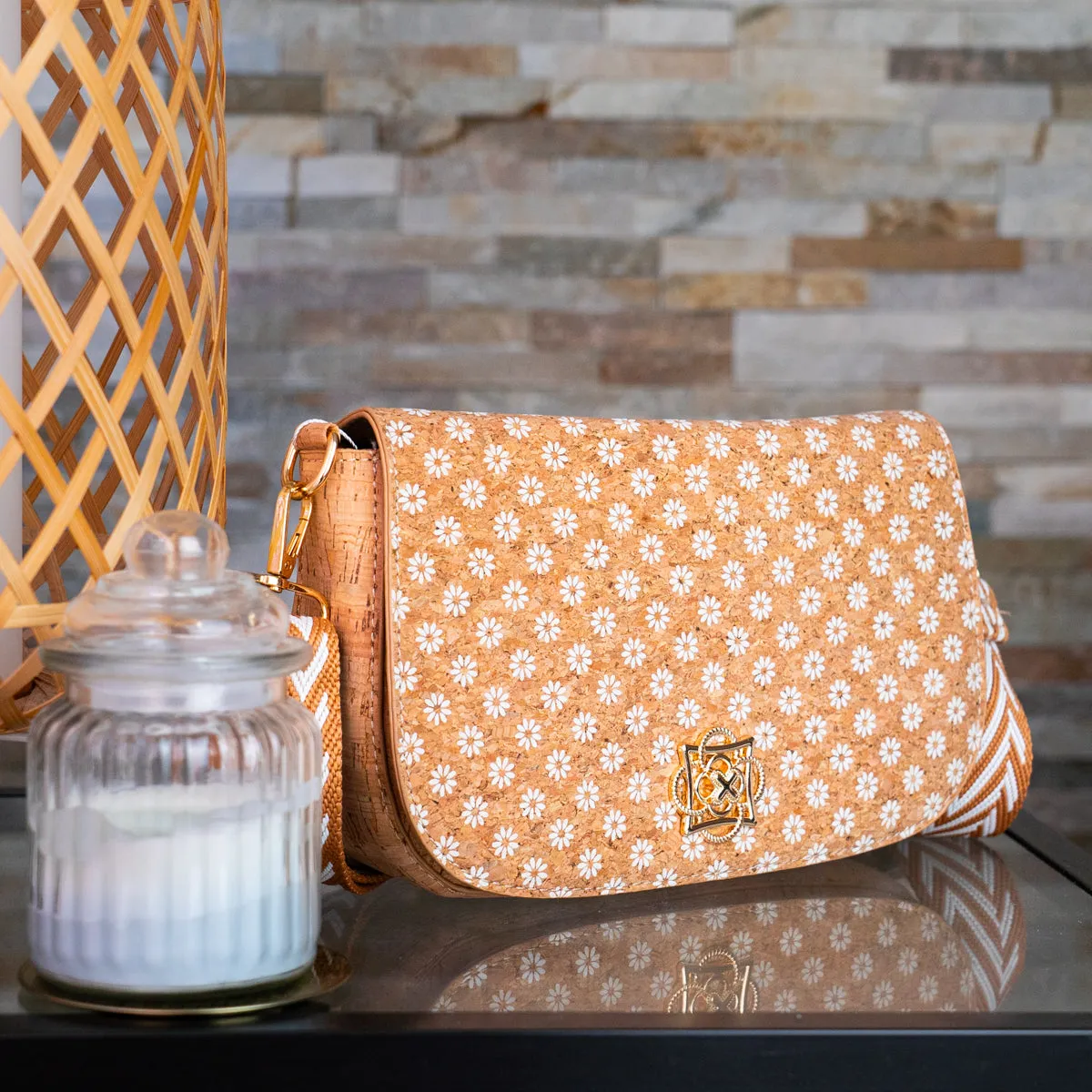 White Daisy Cork Crossbody Bag with Wide Woven Strap for Women BAGF-080