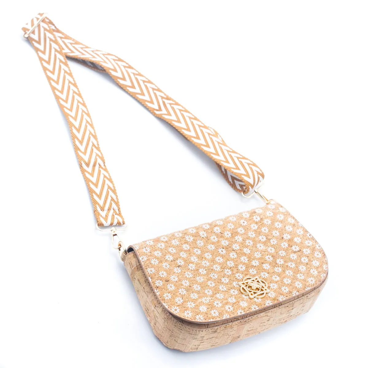 White Daisy Cork Crossbody Bag with Wide Woven Strap for Women BAGF-080